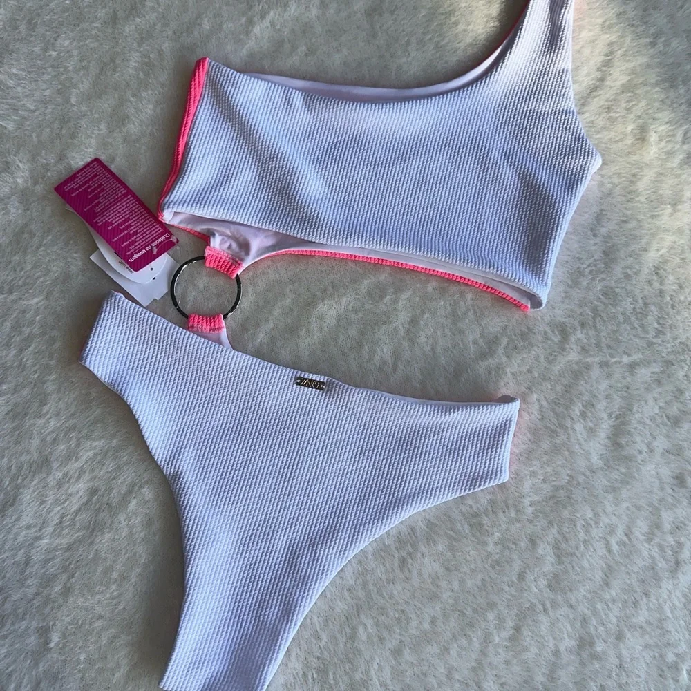 ZNG Pink and White Asymmetrical One-Piece Swimsuit - Picture 7 of 7